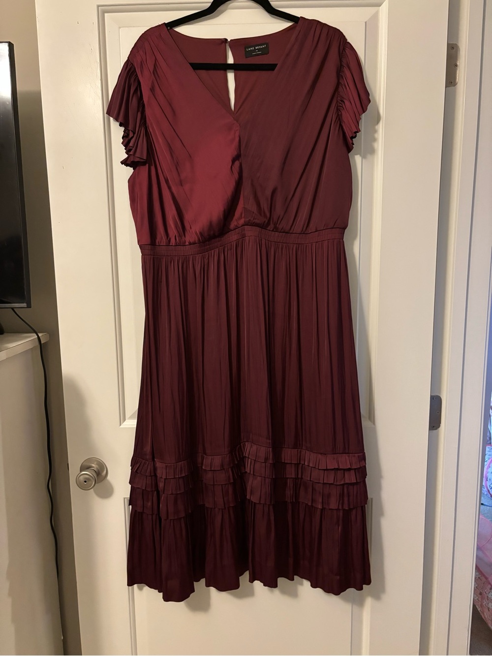 Lane Bryant Wine-Red Pleated Midi Dress with Flutter Sleeves